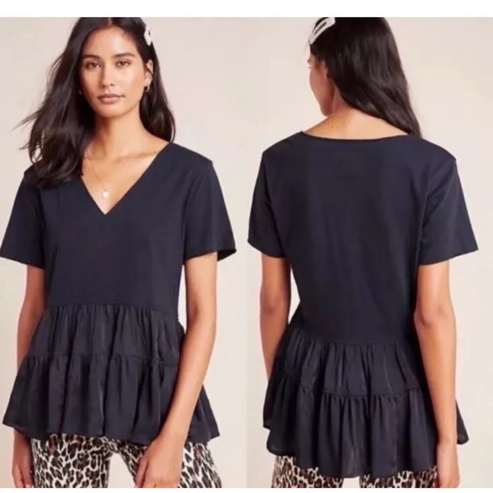 Anthropologie Maeve Women’s Sz M Blue V Neck Louisa Tiered Babydoll Shirt 1809